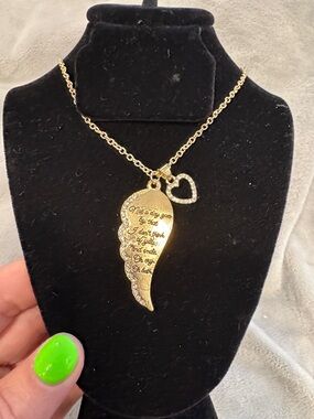Gold Angel Wing Pendant Necklace with Heart Charm - Women Jewelry